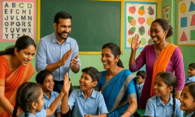 A diverse group of Indian school teachers and students in a vibrant classroom, symbolizing growth in education, increased female teacher representation, and inclusive learning environments