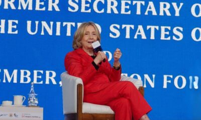 Hillary Clinton speaking at Mumbai Climate Week on Global South climate action and resilience finance. Image credit: DD/EdPublica