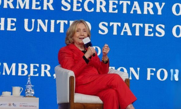 Hillary Clinton speaking at Mumbai Climate Week on Global South climate action and resilience finance. Image credit: DD/EdPublica