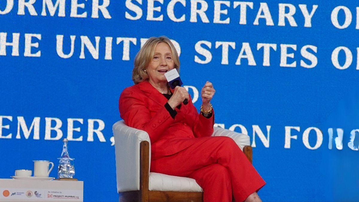 Hillary Clinton speaking at Mumbai Climate Week on Global South climate action and resilience finance. Image credit: DD/EdPublica
