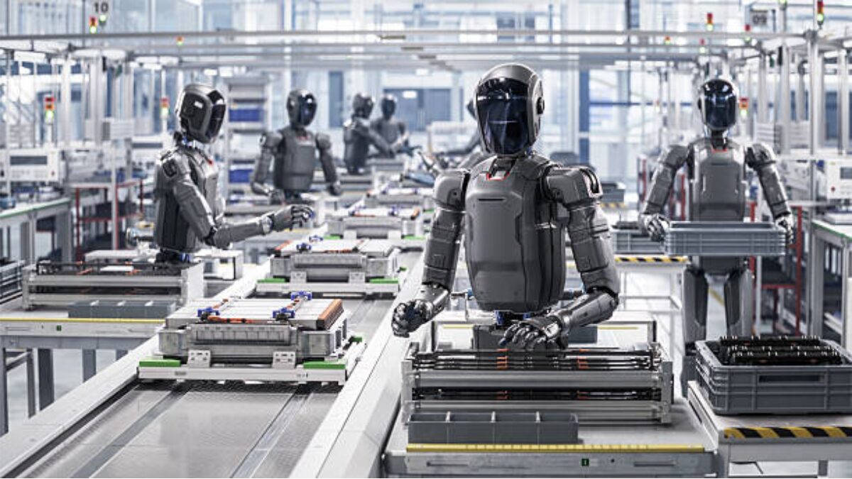 Humanoid robots working on an automated factory assembly line using AI and robotics technology
