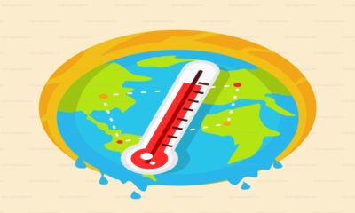 Illustration of Earth overheating with a large red thermometer showing rising global temperatures and melting edges.