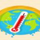 Illustration of Earth overheating with a large red thermometer showing rising global temperatures and melting edges.