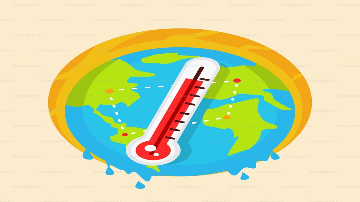 Illustration of Earth overheating with a large red thermometer showing rising global temperatures and melting edges.