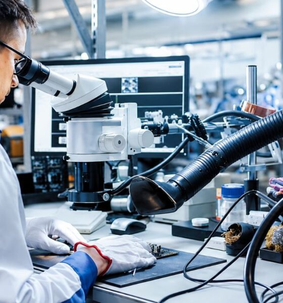 A scientist using a microscope and advanced laboratory equipment during nanophotonics research on the optical properties of metals.