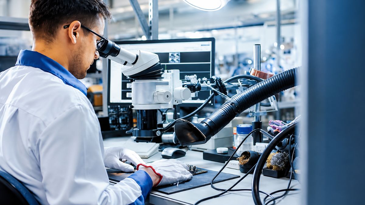 A scientist using a microscope and advanced laboratory equipment during nanophotonics research on the optical properties of metals.