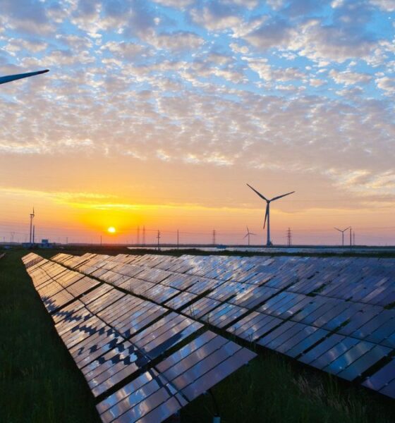 Solar panels and wind turbines generating renewable energy at sunset, representing India's growing solar and wind power capacity.