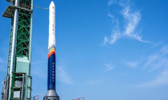 Skyroot Aerospace's Vikram-1 rocket stands on the launch pad at the Satish Dhawan Space Centre ahead of its historic maiden mission, becoming the first Indian private rocket to reach orbit.