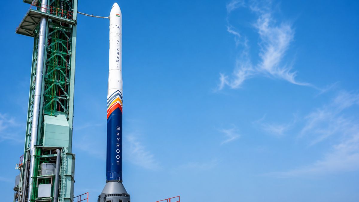 Skyroot Aerospace's Vikram-1 rocket stands on the launch pad at the Satish Dhawan Space Centre ahead of its historic maiden mission, becoming the first Indian private rocket to reach orbit.