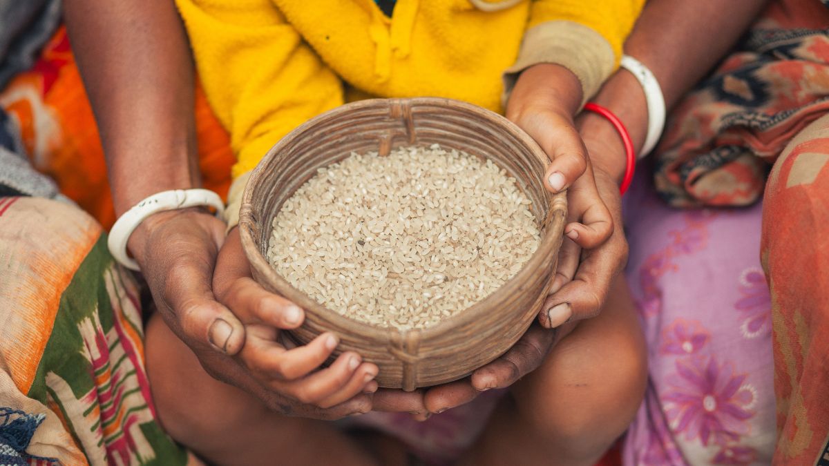 Child and adult hands holding a bowl of rice, symbolising India's food security efforts and the challenge of accessing nutritious diets.