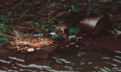 Wastewater flowing from a drainage pipe into a polluted water body with plastic waste and debris, illustrating Kerala's wastewater pollution and waste-sector greenhouse gas emissions.