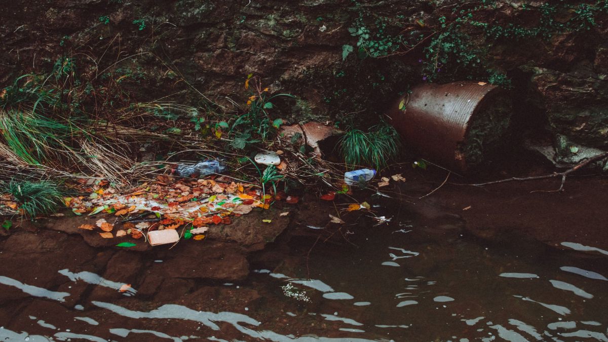 Wastewater flowing from a drainage pipe into a polluted water body with plastic waste and debris, illustrating Kerala's wastewater pollution and waste-sector greenhouse gas emissions.