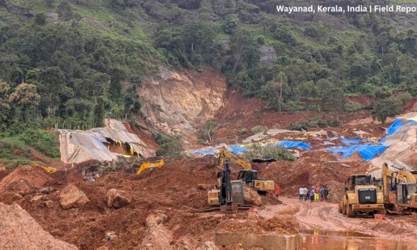 Heavy machinery clears debris at the Kalladi landslide site near the Anakkompoyil–Meenakshi tunnel project in Meppadi, Wayanad, following the July 2026 landslide.
