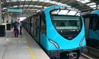 Kochi Metro train standing at a station platform after winning the UITP Impact Award 2026 for sustainable mobility.