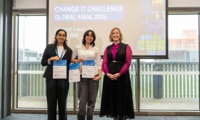 Prosthetic Limbs: Change It Challenge lead judge Amy Gledden with winning Team Reviv3D representatives Vidushee and Shravya in Melbourne.