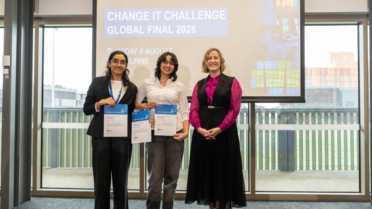Prosthetic Limbs: Change It Challenge lead judge Amy Gledden with winning Team Reviv3D representatives Vidushee and Shravya in Melbourne.