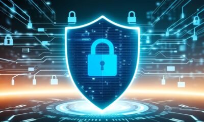 AI-powered cyberattack and cybersecurity concept showing a digital shield protecting against cyber threats