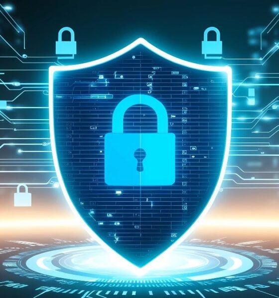 AI-powered cyberattack and cybersecurity concept showing a digital shield protecting against cyber threats
