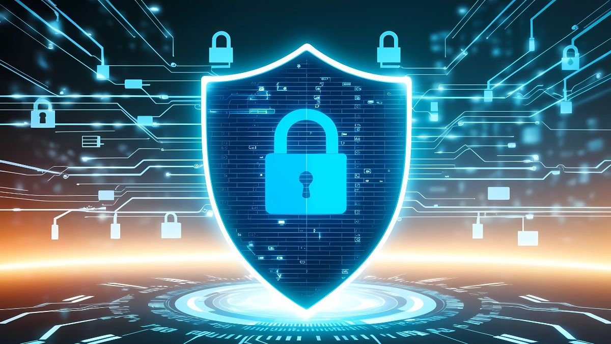AI-powered cyberattack and cybersecurity concept showing a digital shield protecting against cyber threats