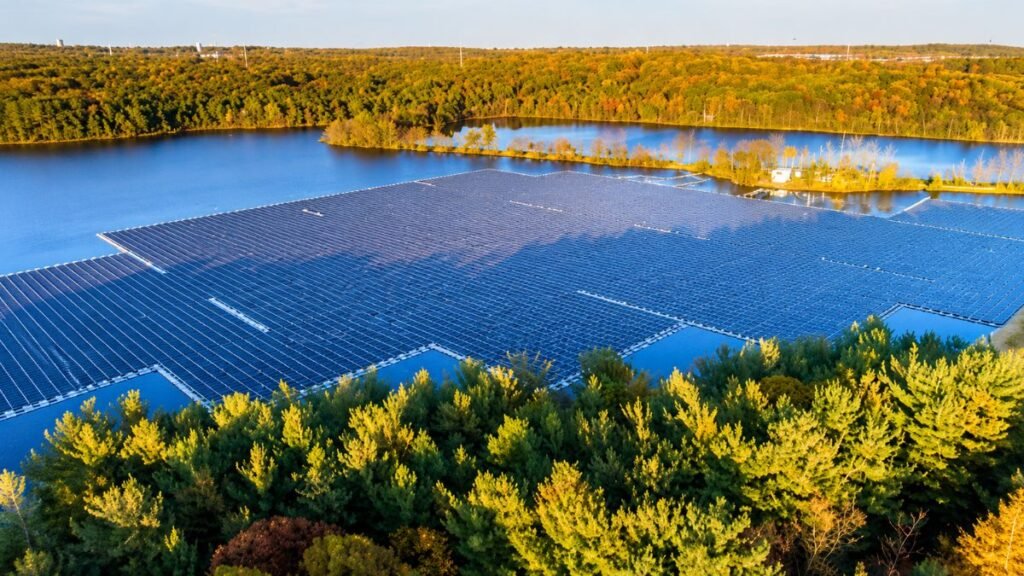 Floating solar panels covering a large water body surrounded by forest