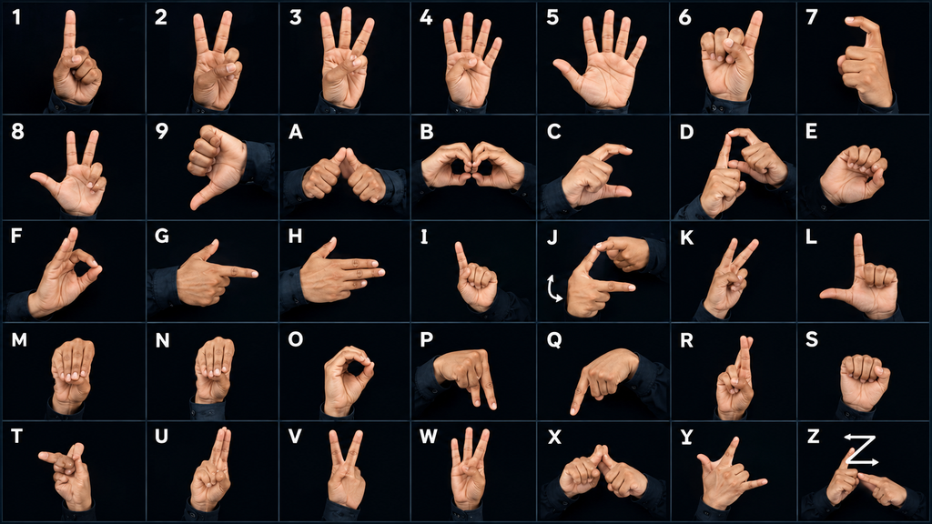 Indian Sign Language hand signs arranged alphabetically from A to Z in a visual reference chart.