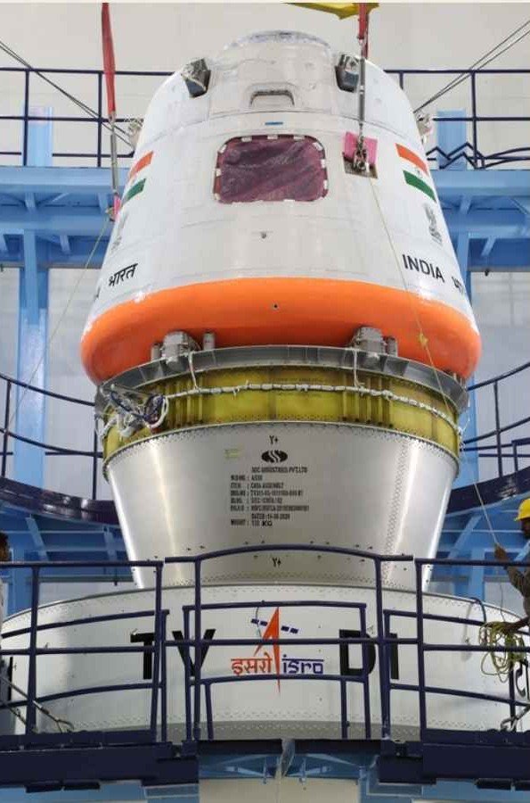 India's space mission. Gaganyaan crew module mounted on the test vehicle during ISRO's TV-D1 mission preparations.