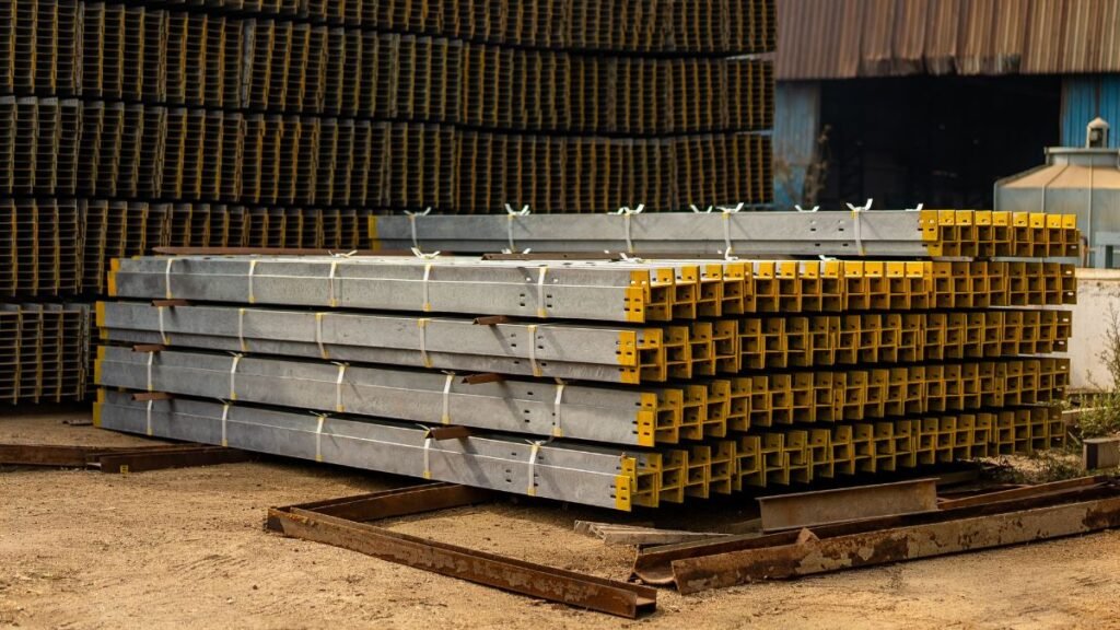Carbon Is Becoming a Cost of Trade. Where Does India Stand? 42 Steel products stacked at an industrial facility, illustrating India’s carbon-intensive exports and exposure to carbon pricing.