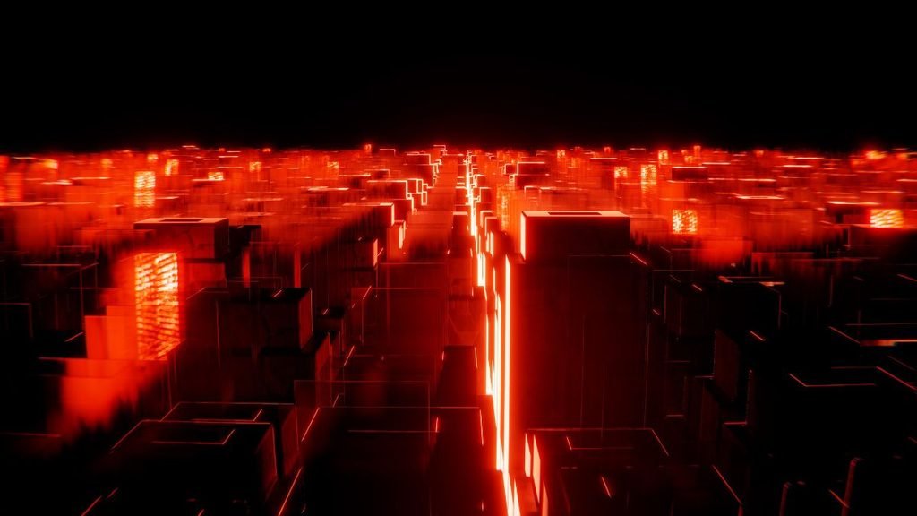 Abstract visualization of rows of glowing data centre servers in a large digital infrastructure network