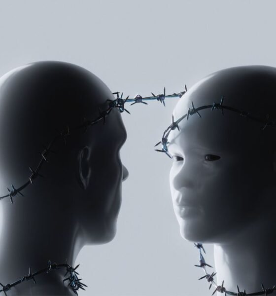 Conceptual image of two humanoid figures facing each other with barbed wire around their heads and necks, representing AI risks and safety constraints.