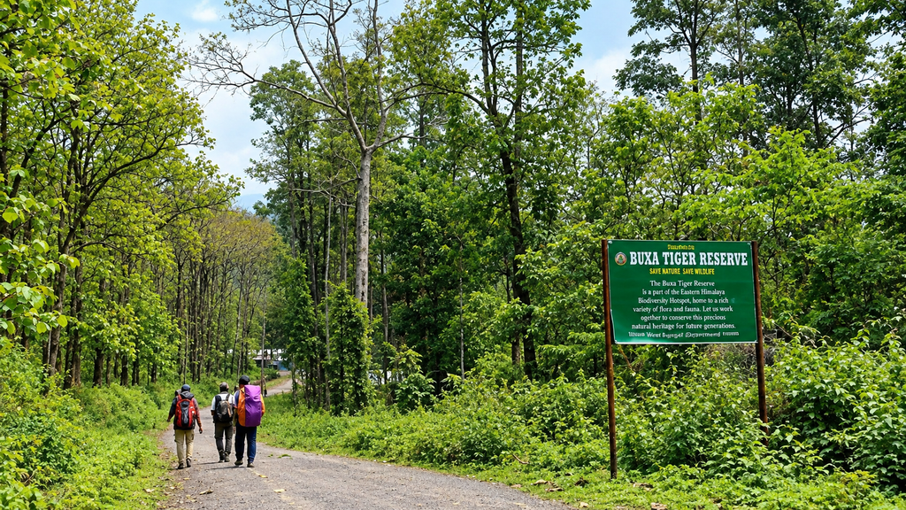Buxa Tiger Reserve forest with a signboard along a road through dense woodland.