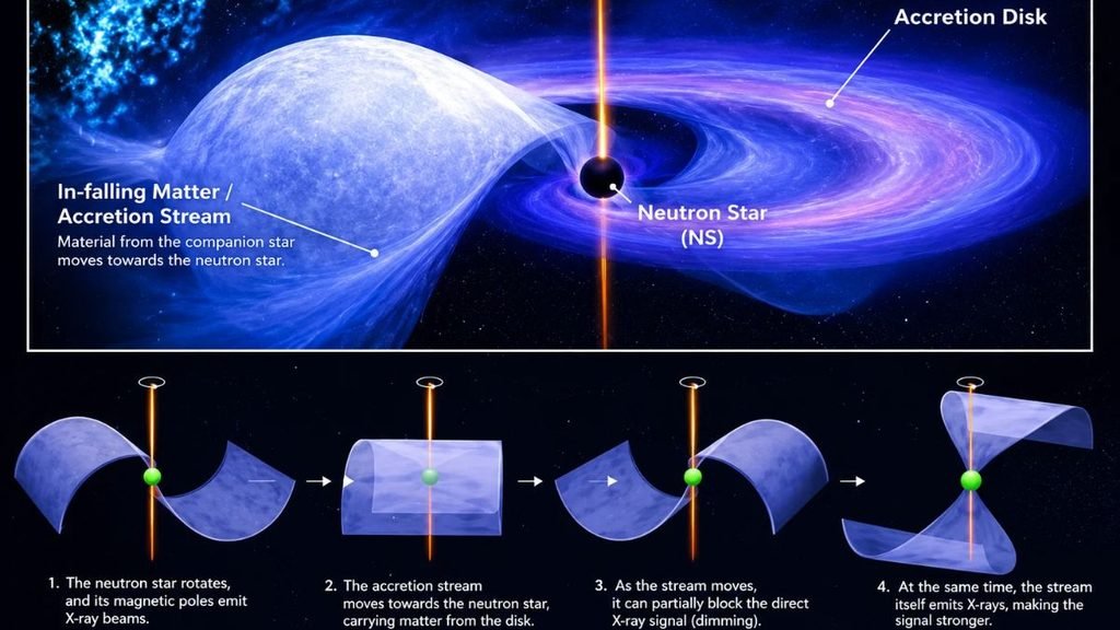 Illustration of the accretion disk and stream of matter flowing towards the neutron star in the Centaurus X-3 system, showing how the stream can block and emit X-rays as it moves around the star.