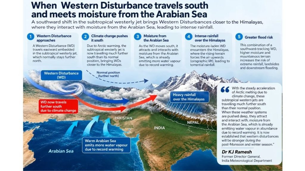 Infographic explaining how southward-moving Western Disturbances interact with moisture from the Arabian Sea to produce intense rainfall over the Himalayas.