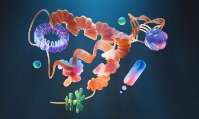 3D illustration of biological structures representing synthetic biology and biotechnology research.
