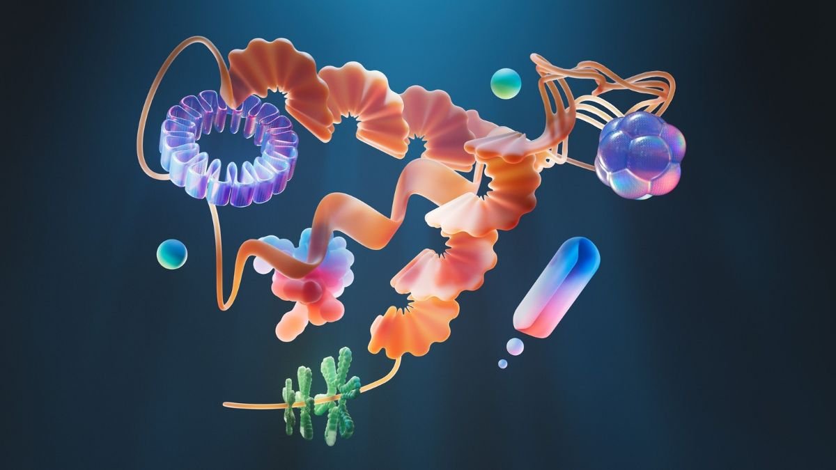 3D illustration of biological structures representing synthetic biology and biotechnology research.