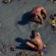 Manual scavenging: Three sanitation workers manually clean a garbage-filled, polluted waterway while standing and crouching in contaminated water, illustrating the hazardous conditions faced by workers involved in manual scavenging and sanitation work.