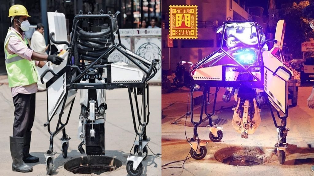 Manual scavenging: Genrobotics’ Bandicoot robotic system positioned over manholes during sewer-cleaning operations, with a sanitation worker operating the robot in the daytime image and the robot deployed at night in the second image.