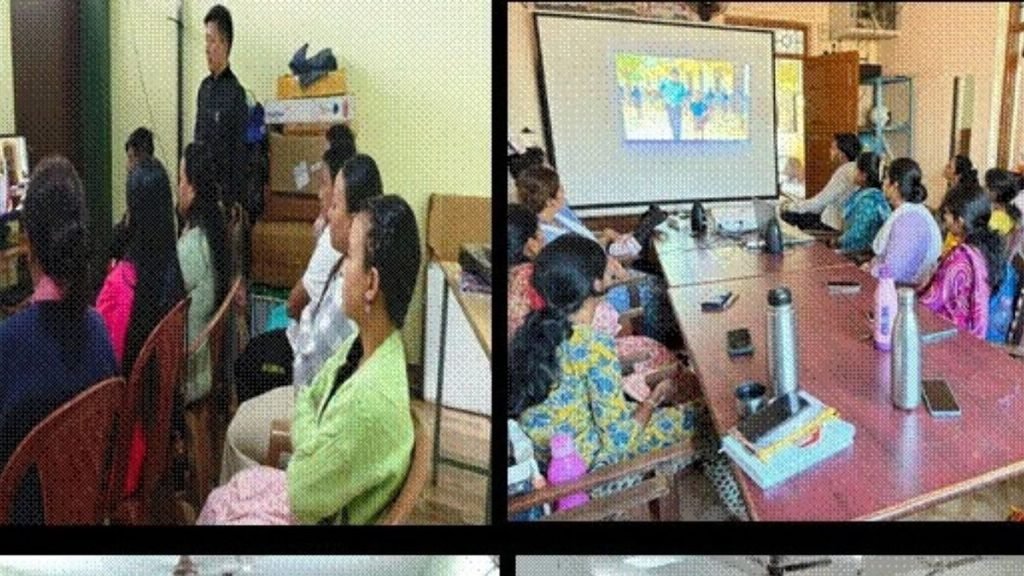 PRASHAST: Teachers and school staff attend an educational training session, with presentations displayed on a screen in a classroom and conference room.