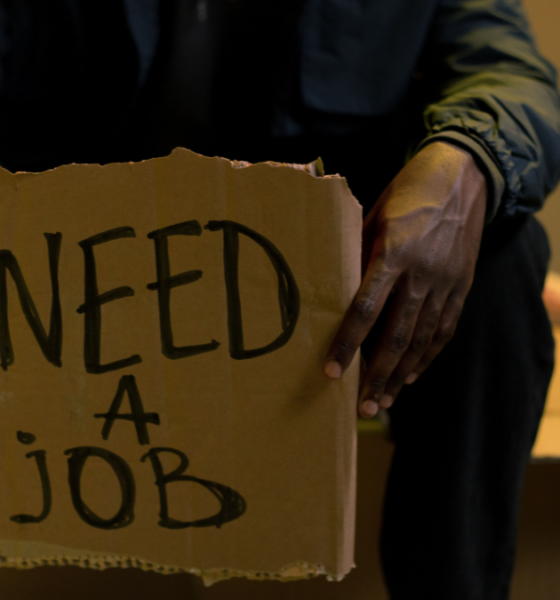 Person holding a cardboard sign reading “Need a Job,” representing unemployment and the global struggle for employment.