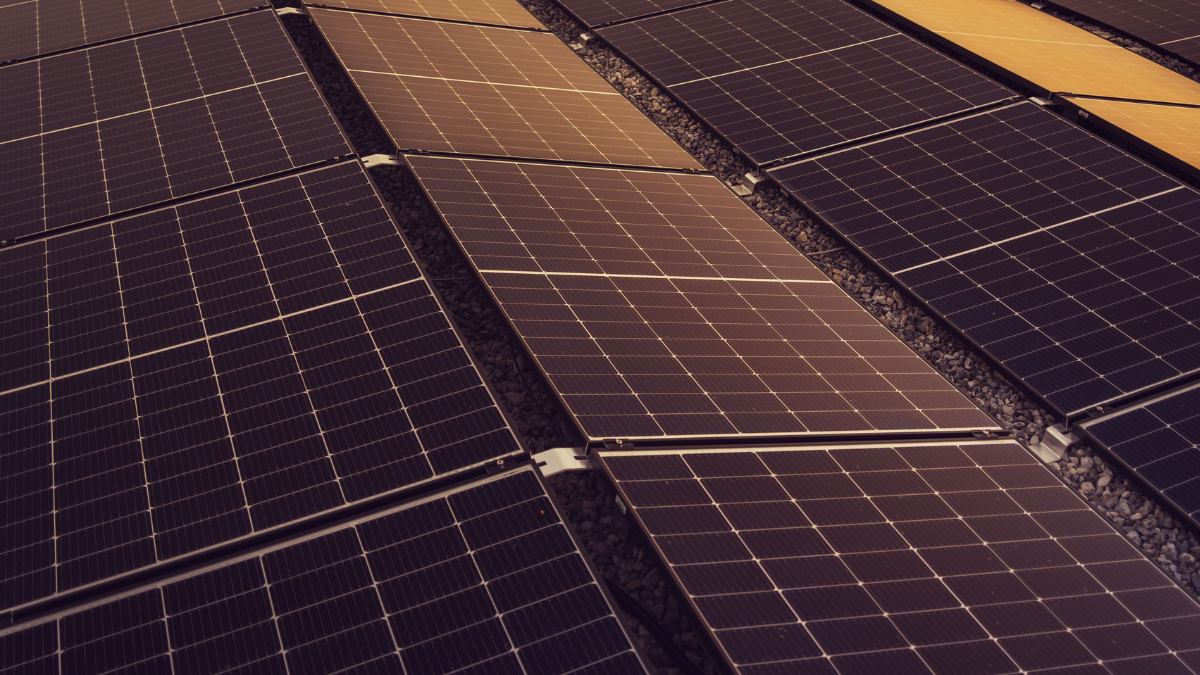 Close-up view of photovoltaic solar panels arranged in rows, illustrating solar energy generation and renewable energy technology.