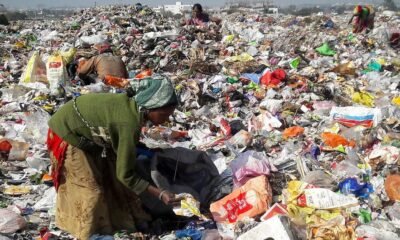 Waste pickers sorting through a large landfill filled with discarded plastic and other waste.