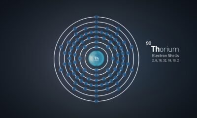 Scientific illustration of a thorium atom showing its nucleus at the centre and electrons arranged in concentric shells.